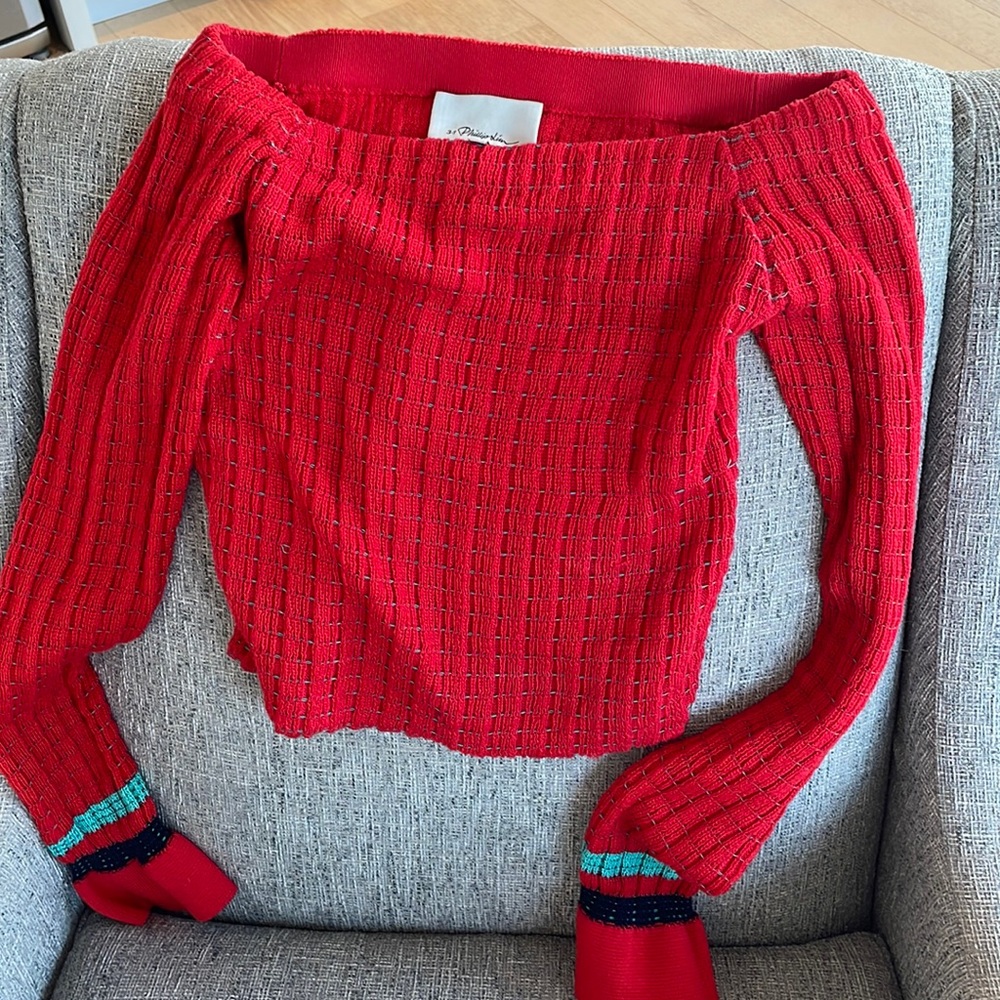 Philip Lim off the shoulder sweater with ruffled sleeve